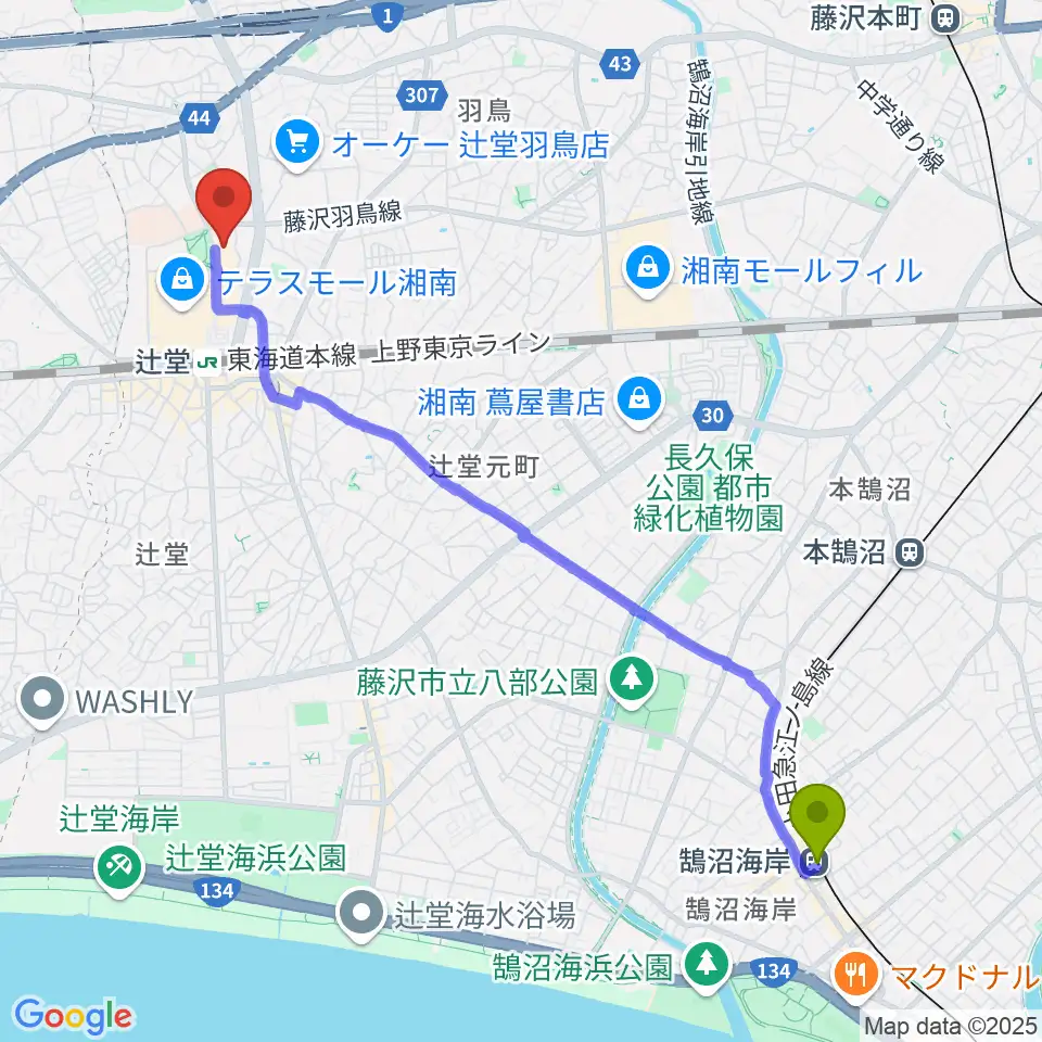 鵠沼海岸駅から藤沢市アートスペースへのルートマップ地図