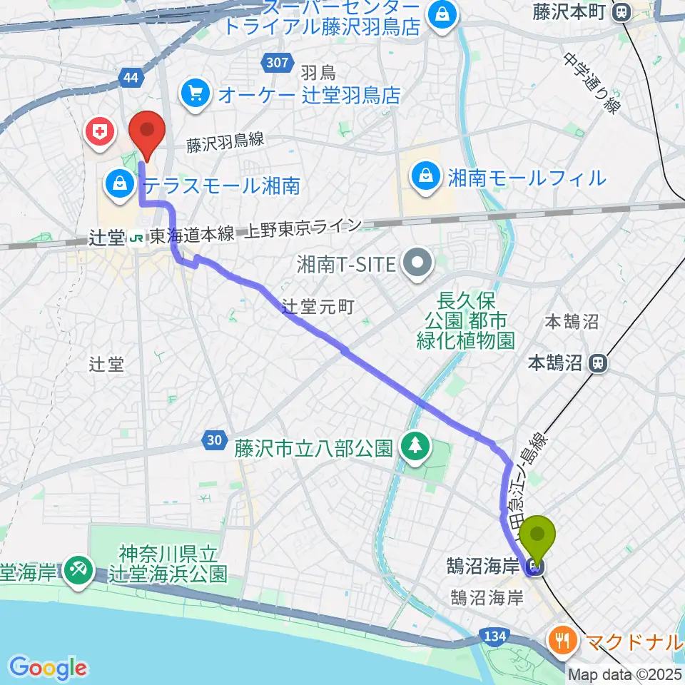鵠沼海岸駅から藤沢市アートスペースへのルートマップ地図