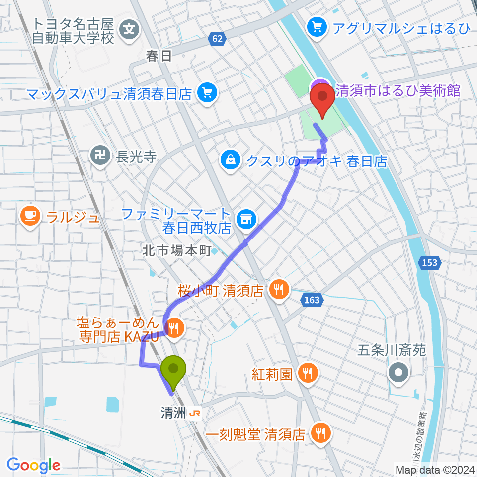 清須市はるひ美術館の最寄駅清洲駅からの徒歩ルート（約20分）地図