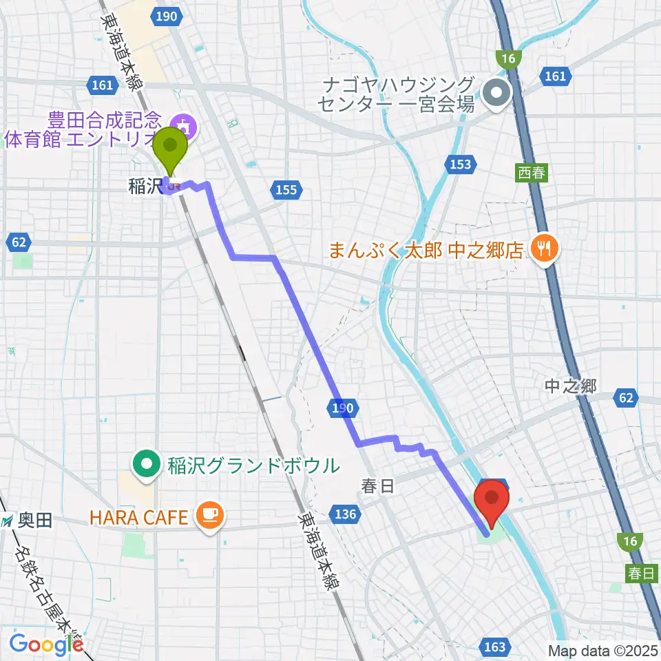 稲沢駅から清須市はるひ美術館へのルートマップ地図