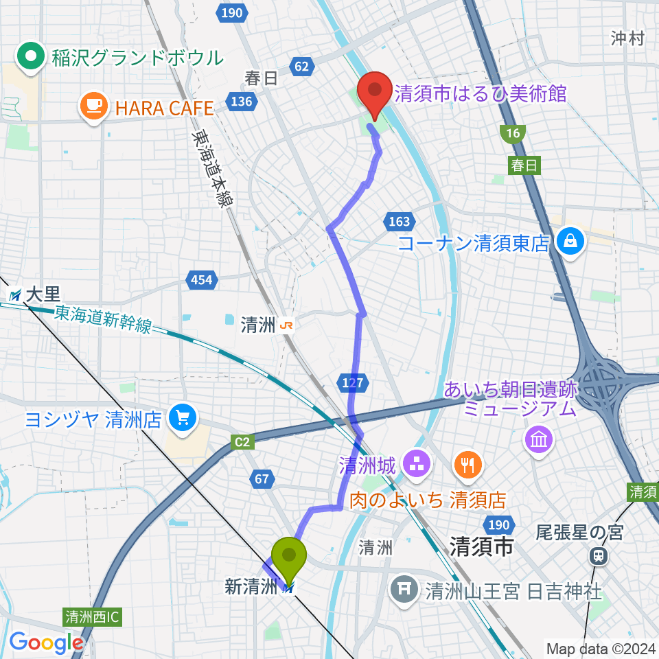 新清洲駅から清須市はるひ美術館へのルートマップ地図