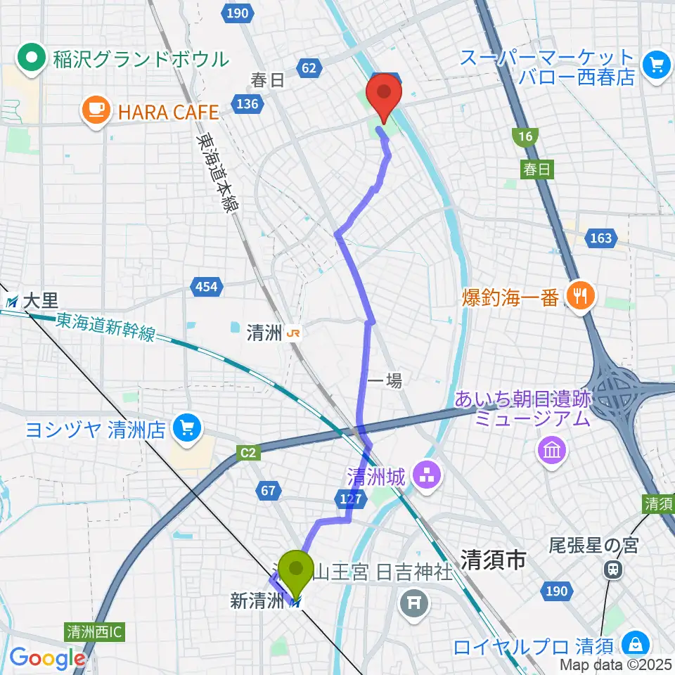 新清洲駅から清須市はるひ美術館へのルートマップ地図