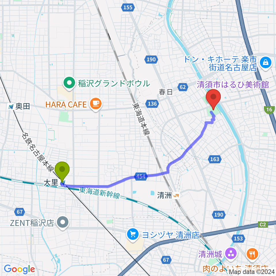 大里駅から清須市はるひ美術館へのルートマップ地図