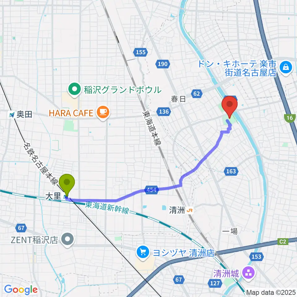 大里駅から清須市はるひ美術館へのルートマップ地図