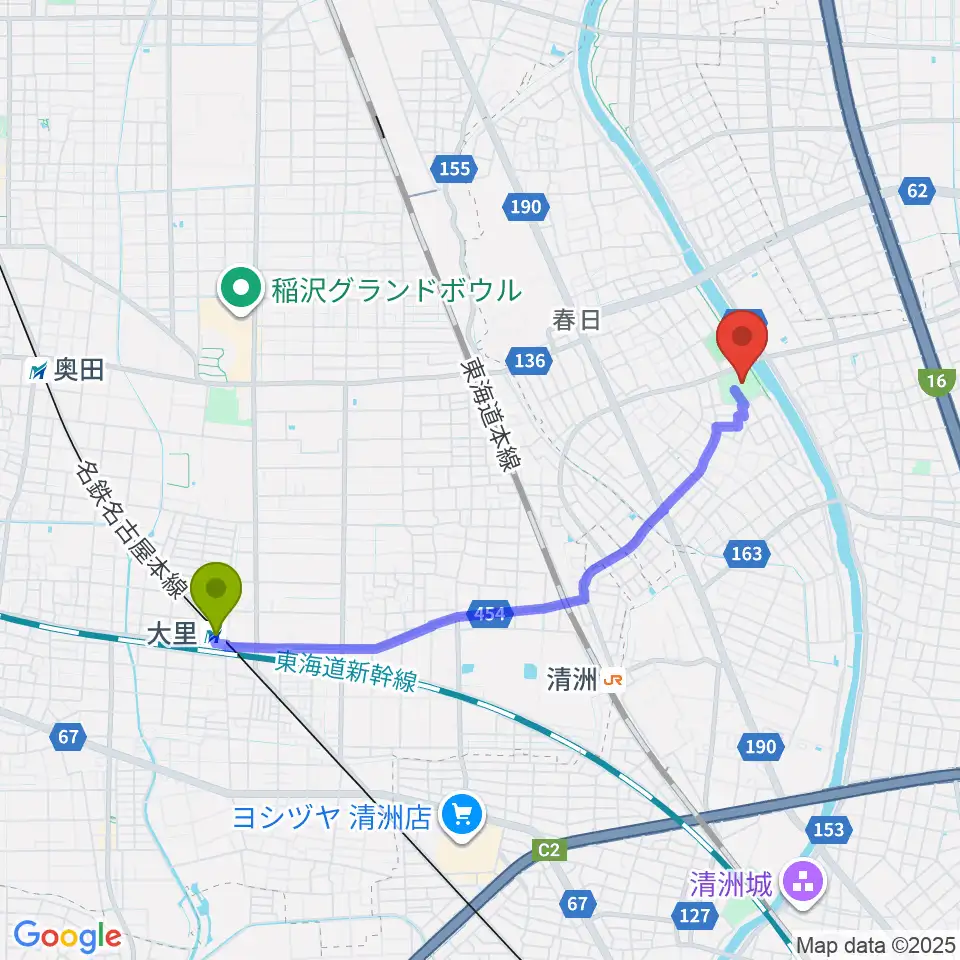大里駅から清須市はるひ美術館へのルートマップ地図
