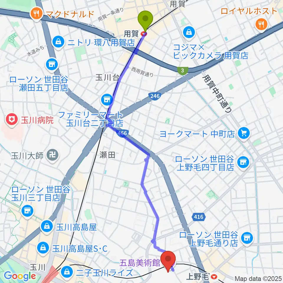用賀駅から五島美術館へのルートマップ地図