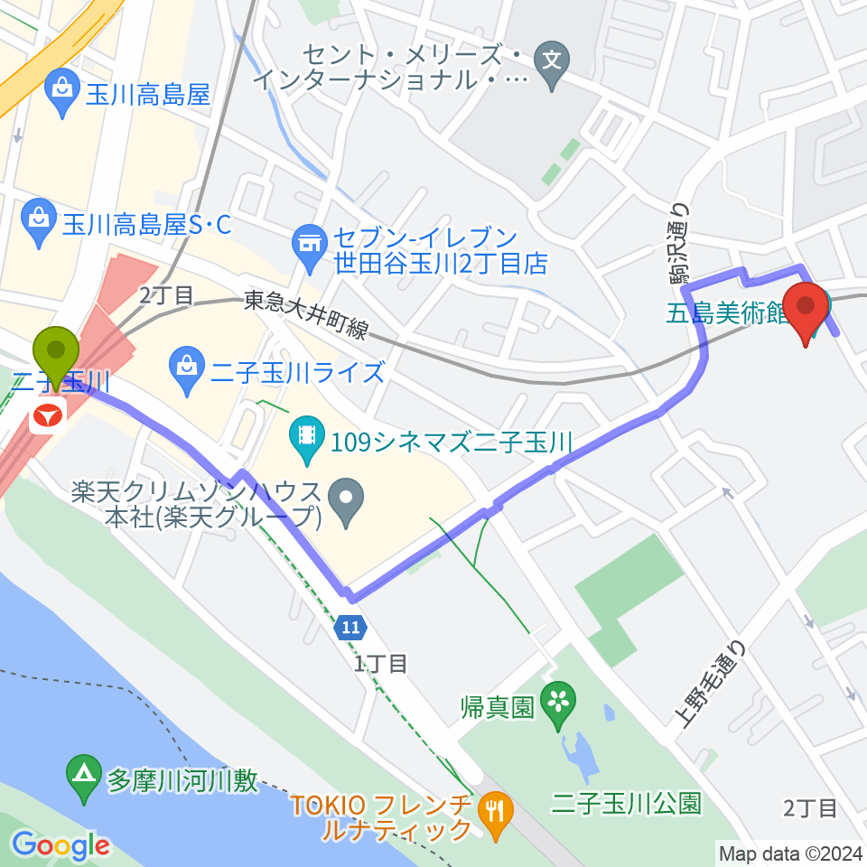 二子玉川駅から五島美術館へのルートマップ地図