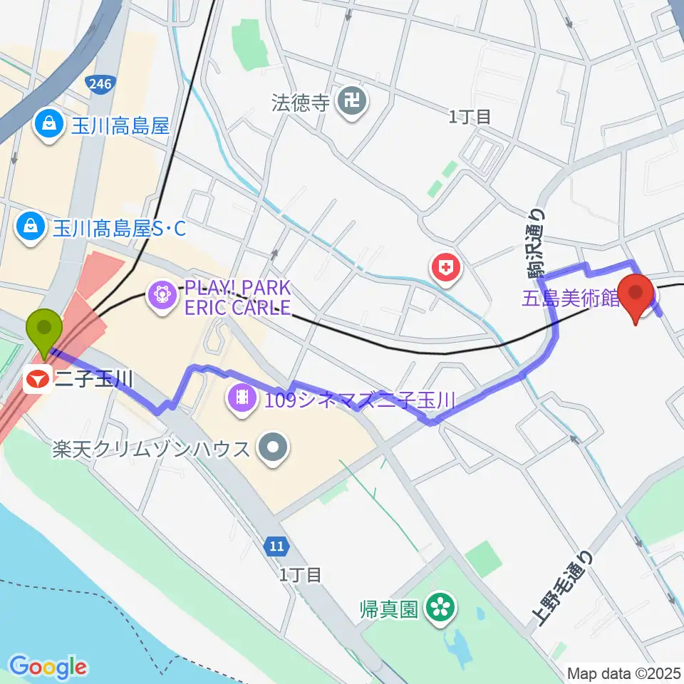 二子玉川駅から五島美術館へのルートマップ地図