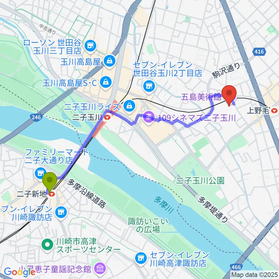 二子新地駅から五島美術館へのルートマップ地図