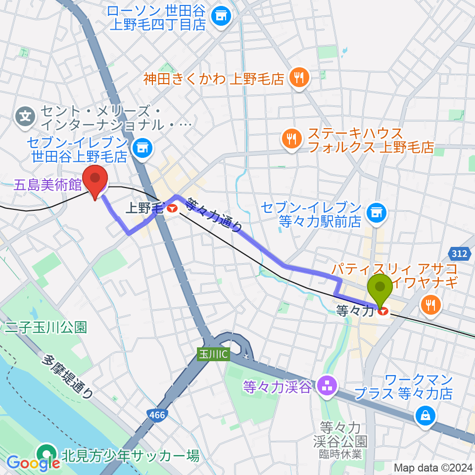 等々力駅から五島美術館へのルートマップ地図