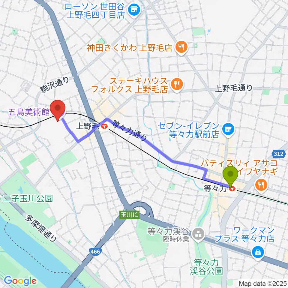 等々力駅から五島美術館へのルートマップ地図
