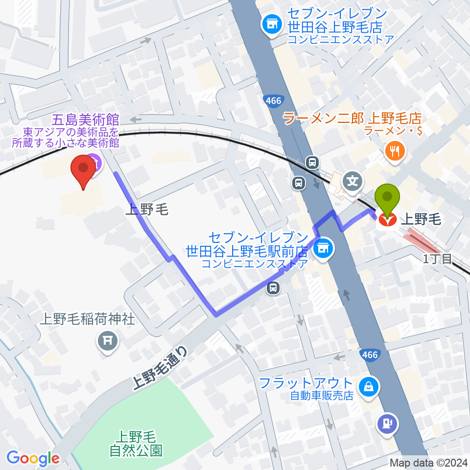 五島美術館の最寄駅上野毛駅からの徒歩ルート（約5分）地図