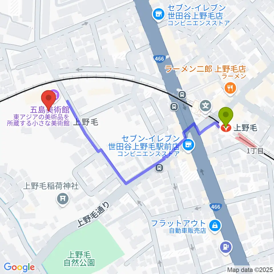 五島美術館の最寄駅上野毛駅からの徒歩ルート（約5分）地図