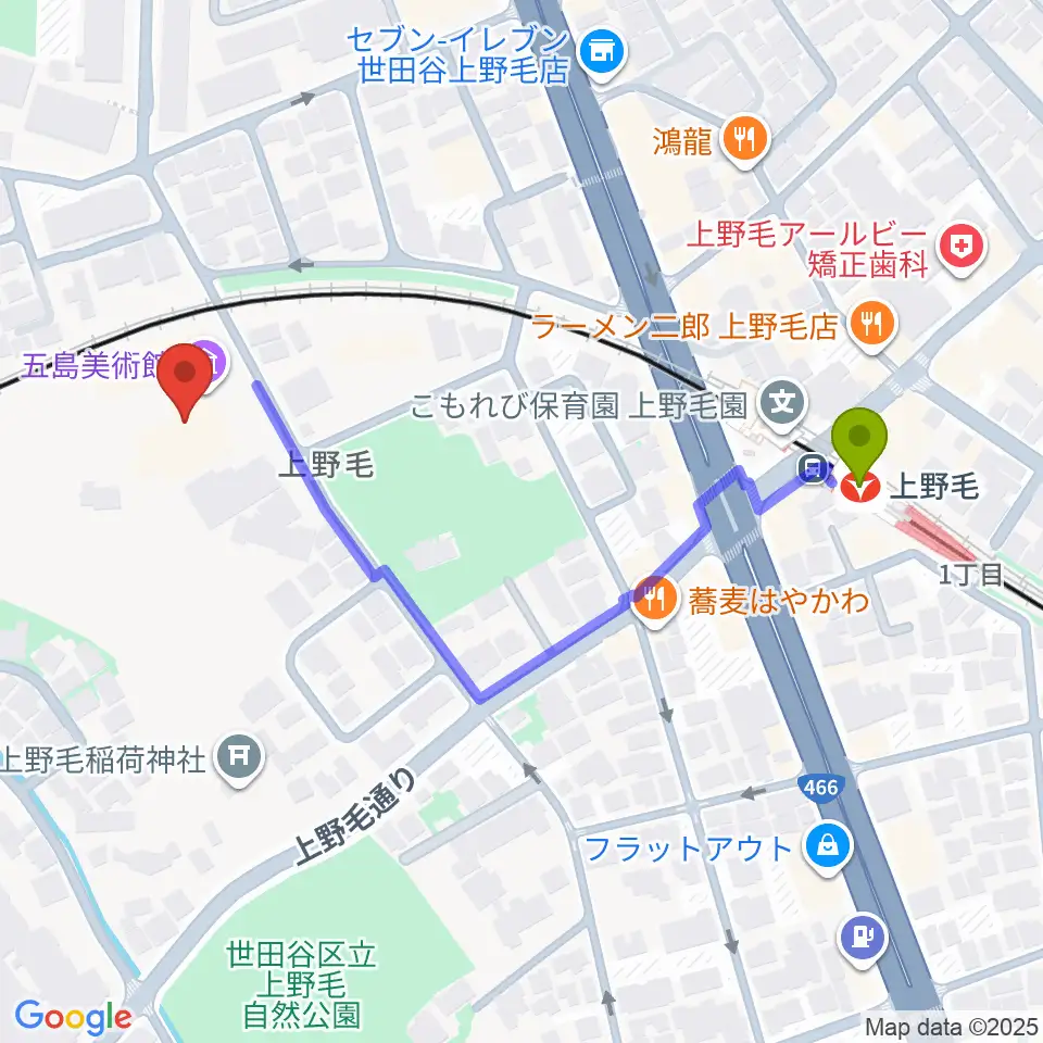 五島美術館の最寄駅上野毛駅からの徒歩ルート（約5分）地図