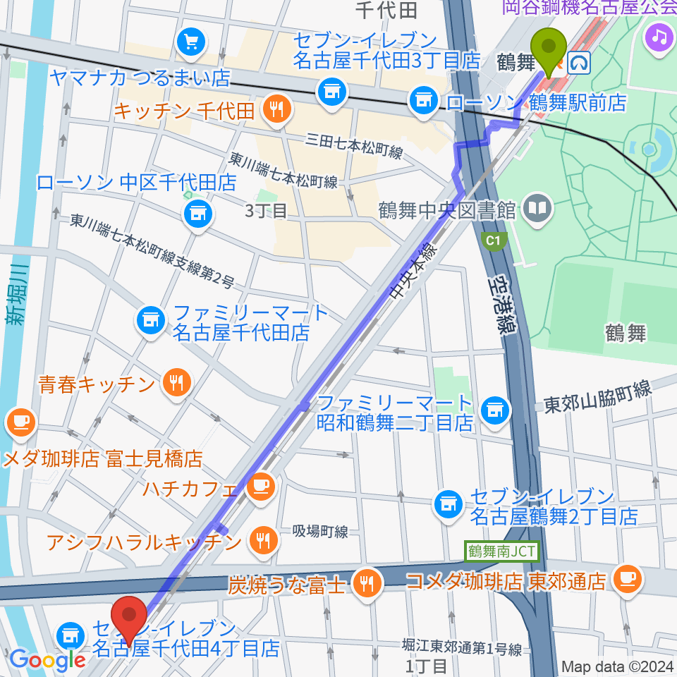 鶴舞駅からスタジオべティックス鶴舞店へのルートマップ地図