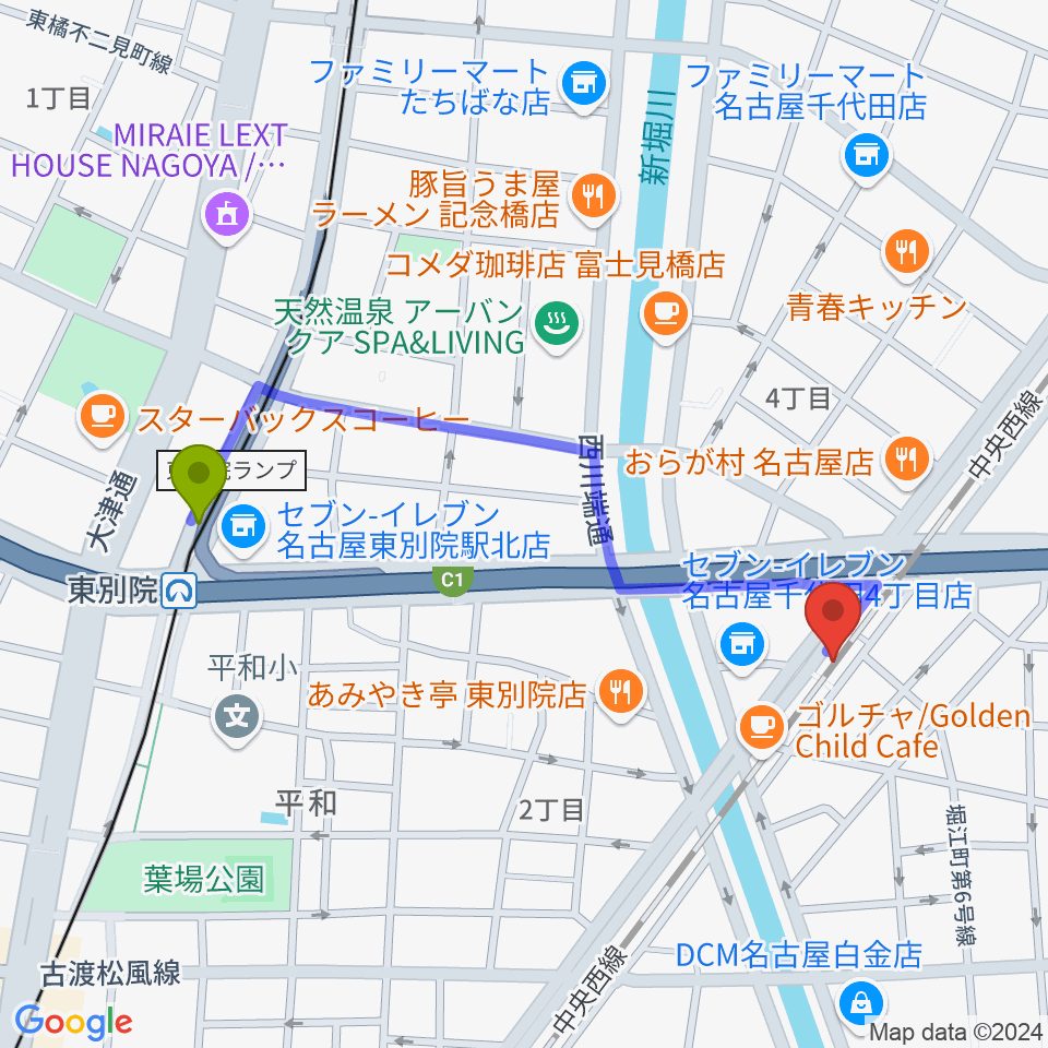 スタジオべティックス鶴舞店の最寄駅東別院駅からの徒歩ルート（約10分）地図