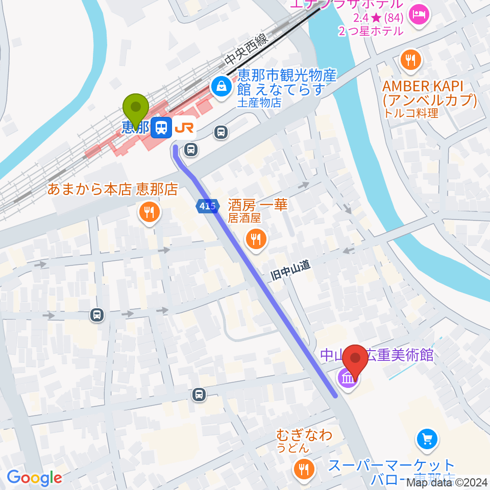 中山道広重美術館の最寄駅恵那駅からの徒歩ルート（約5分）地図