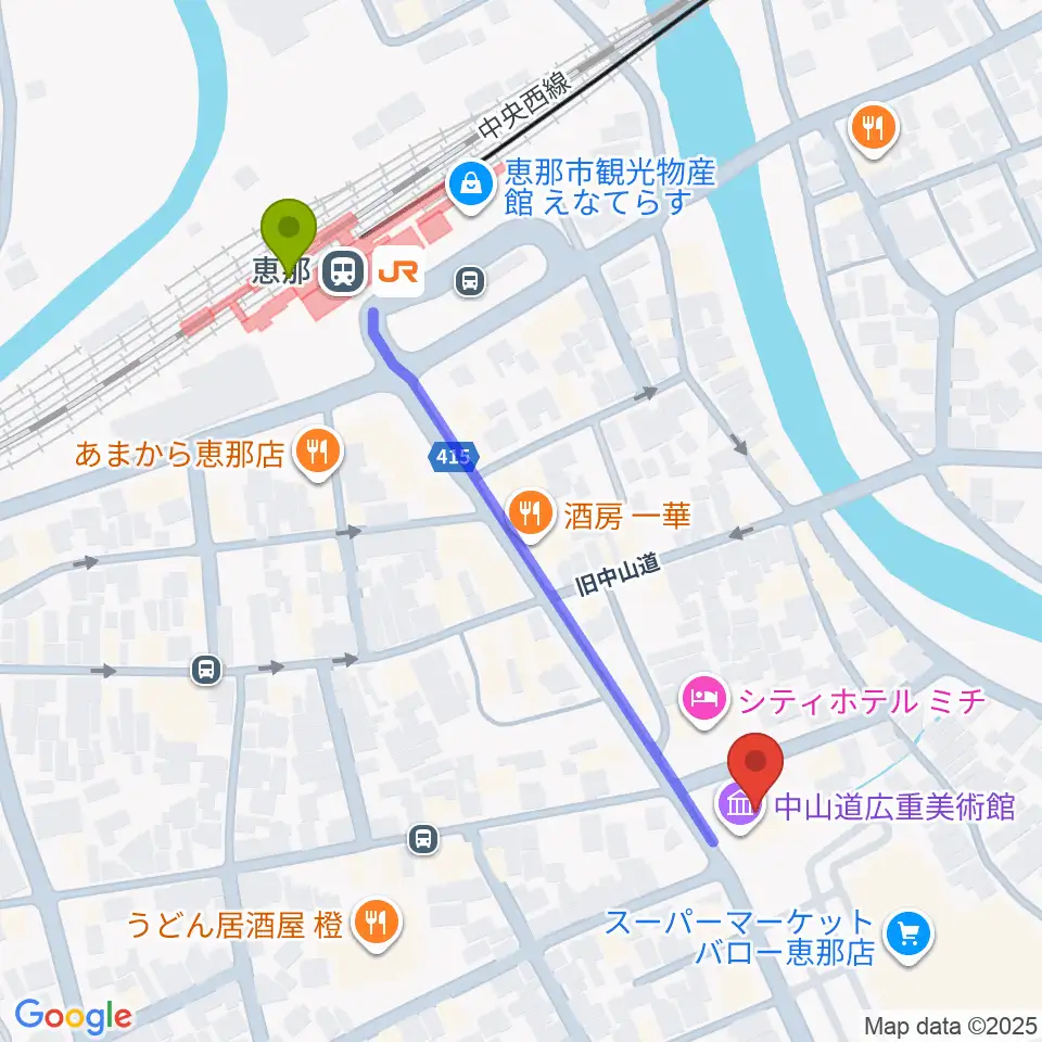 中山道広重美術館の最寄駅恵那駅からの徒歩ルート（約5分）地図