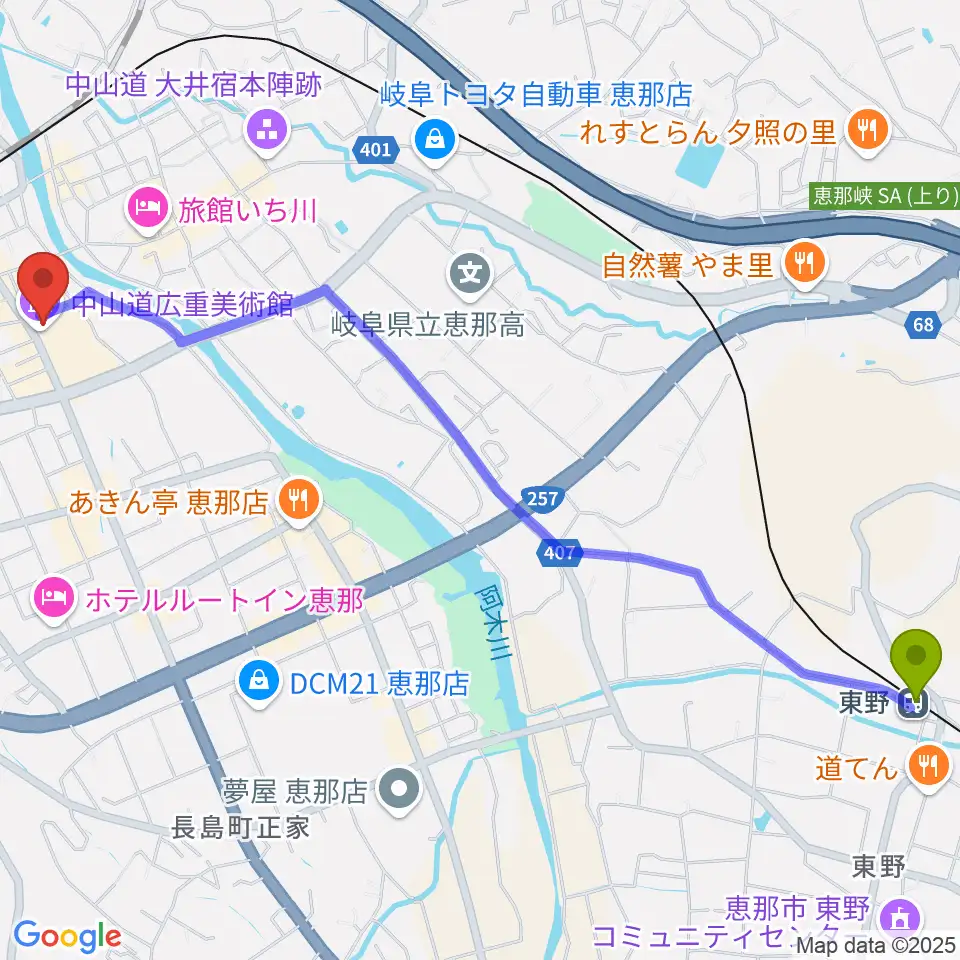 東野駅から中山道広重美術館へのルートマップ地図