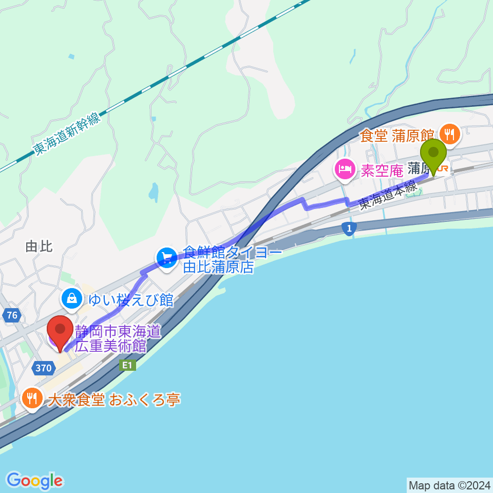 東海道広重美術館の最寄駅蒲原駅からの徒歩ルート（約26分）地図