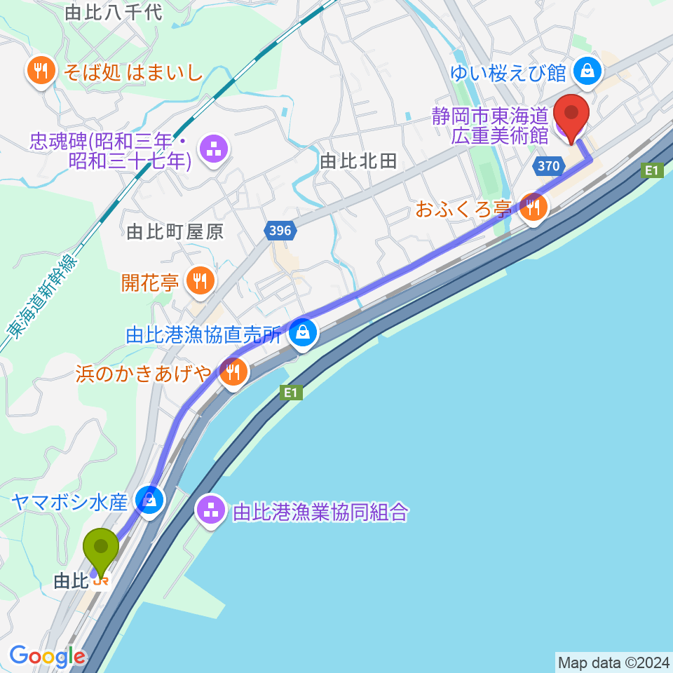 由比駅から東海道広重美術館へのルートマップ地図