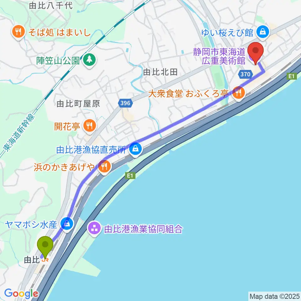 由比駅から東海道広重美術館へのルートマップ地図