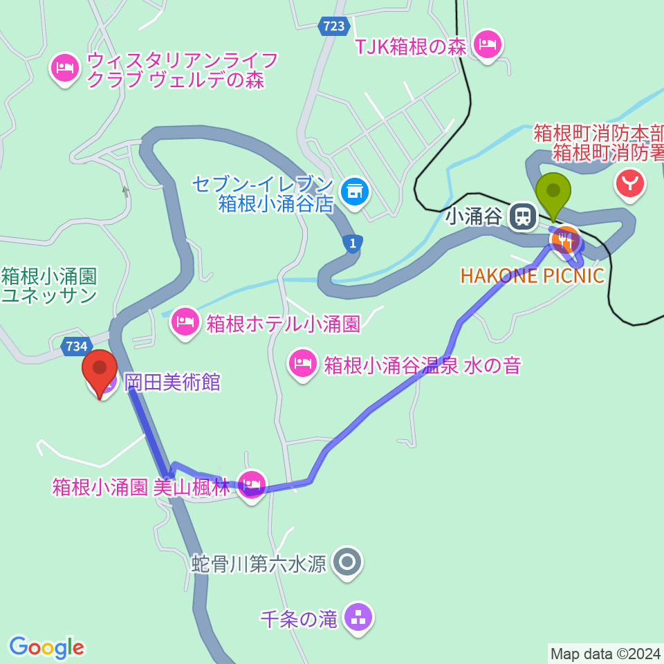 岡田美術館の最寄駅小涌谷駅からの徒歩ルート（約11分）地図