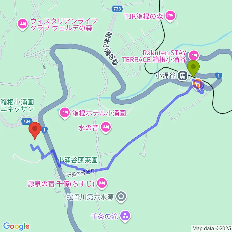 岡田美術館の最寄駅小涌谷駅からの徒歩ルート（約11分）地図