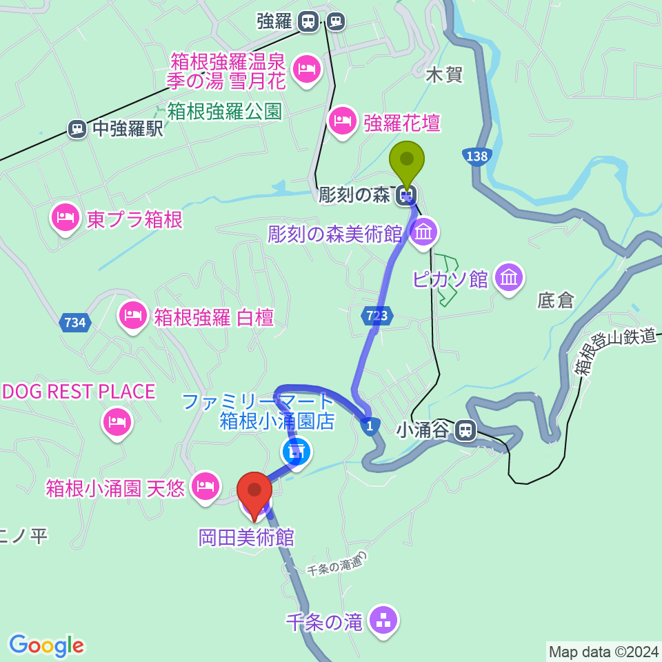 彫刻の森駅から岡田美術館へのルートマップ地図