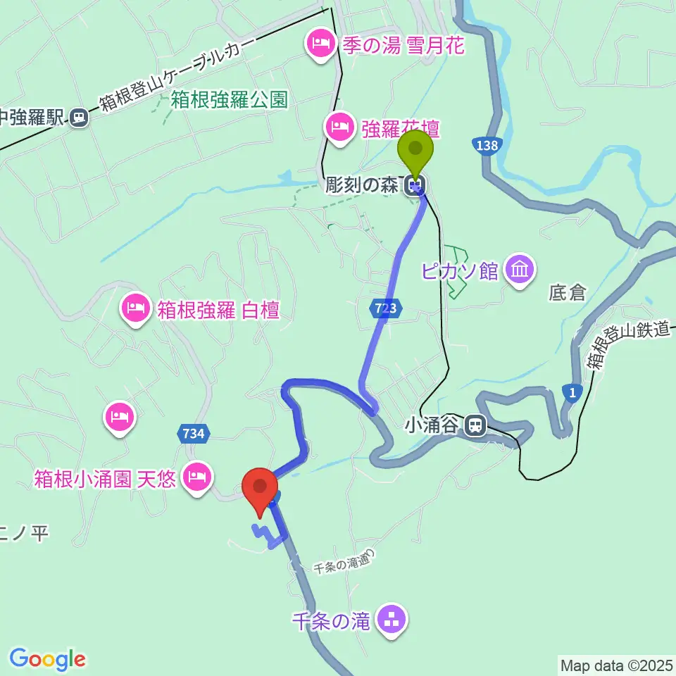 彫刻の森駅から岡田美術館へのルートマップ地図