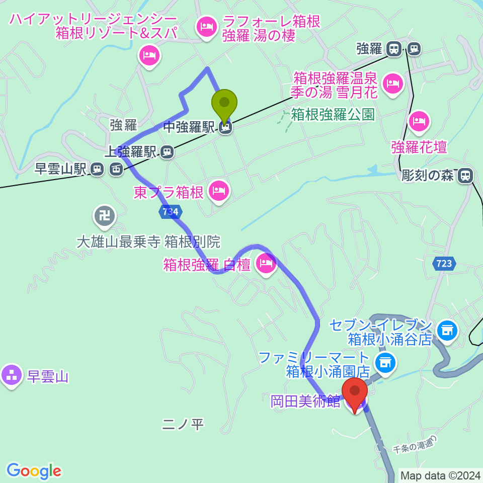 中強羅駅から岡田美術館へのルートマップ地図