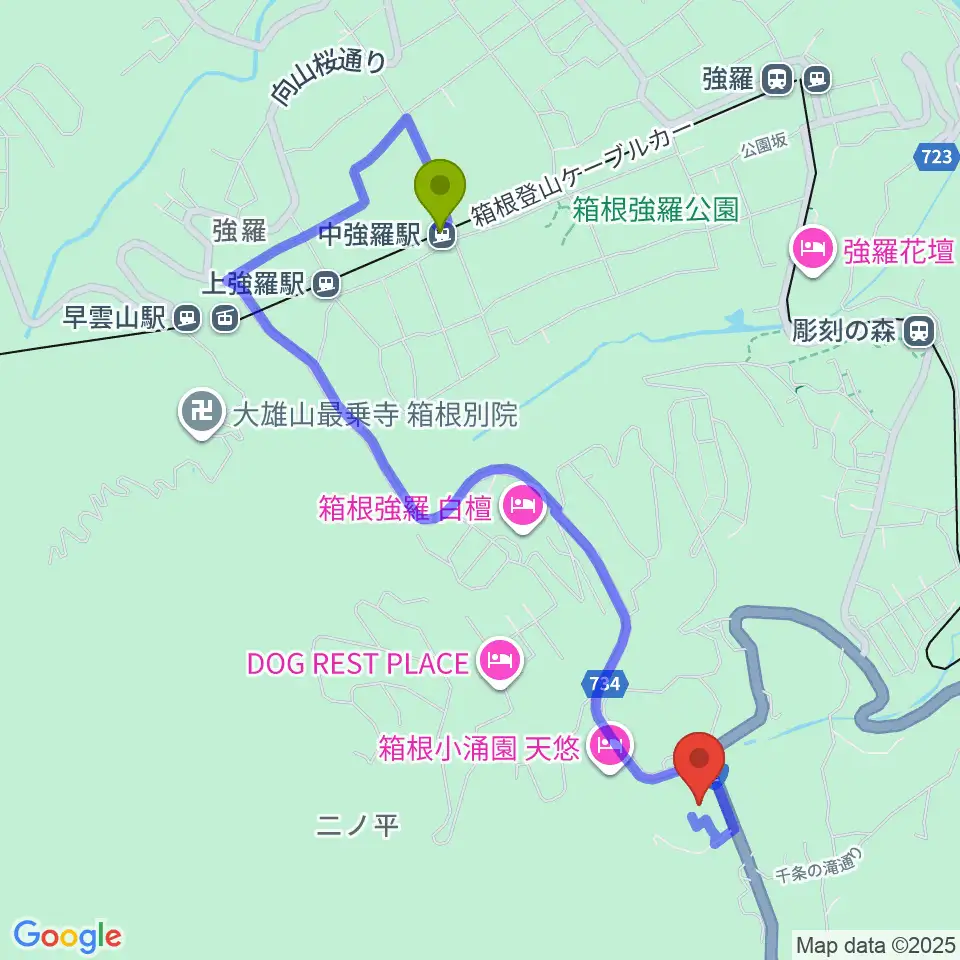 中強羅駅から岡田美術館へのルートマップ地図