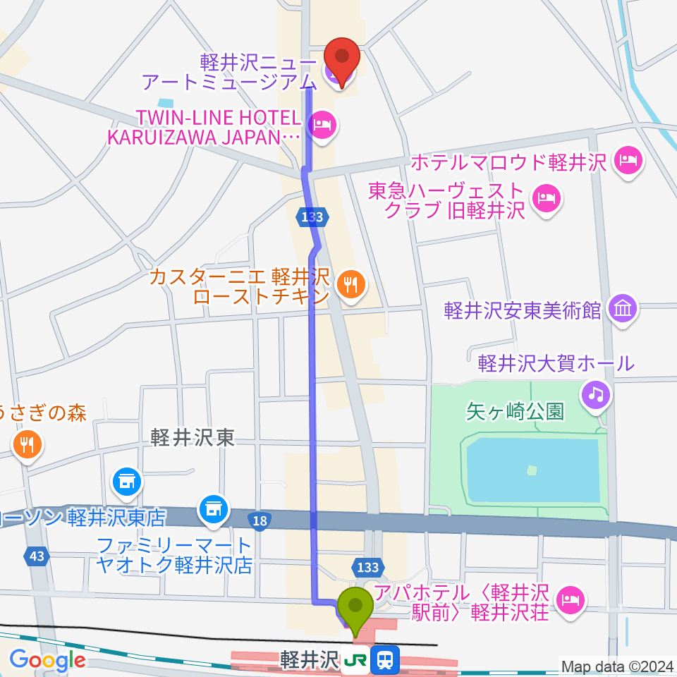 軽井沢ニューアートミュージアムの最寄駅軽井沢駅からの徒歩ルート（約12分）地図