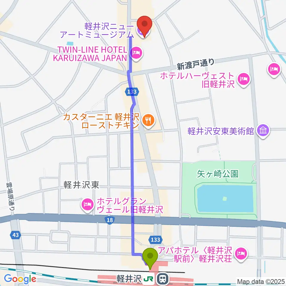 軽井沢ニューアートミュージアムの最寄駅軽井沢駅からの徒歩ルート（約12分）地図