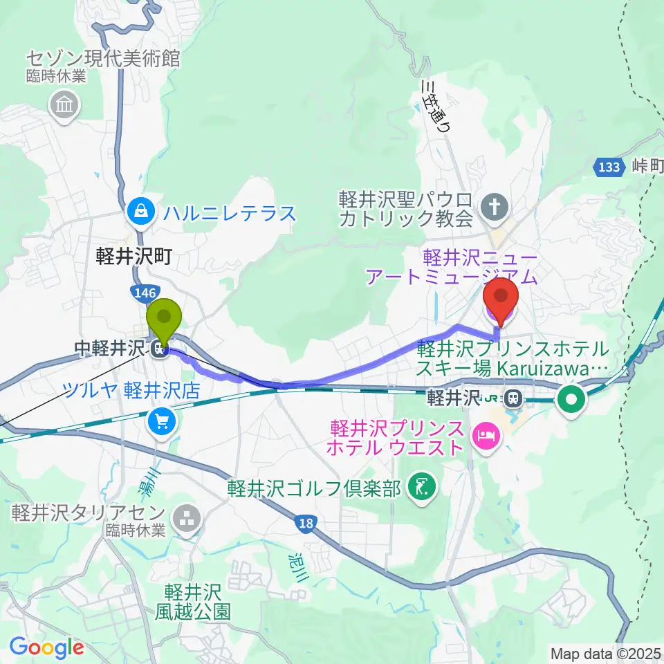 中軽井沢駅から軽井沢ニューアートミュージアムへのルートマップ地図