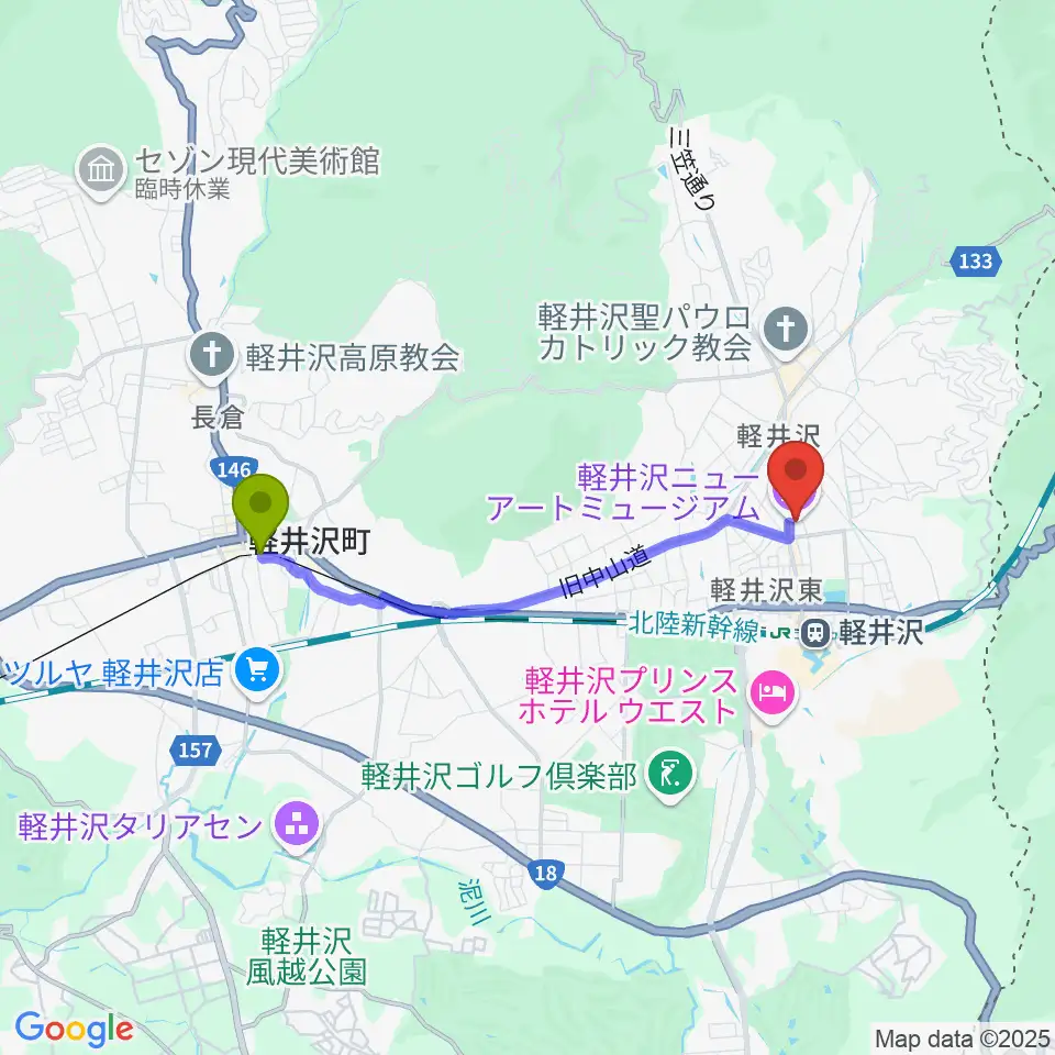 中軽井沢駅から軽井沢ニューアートミュージアムへのルートマップ地図