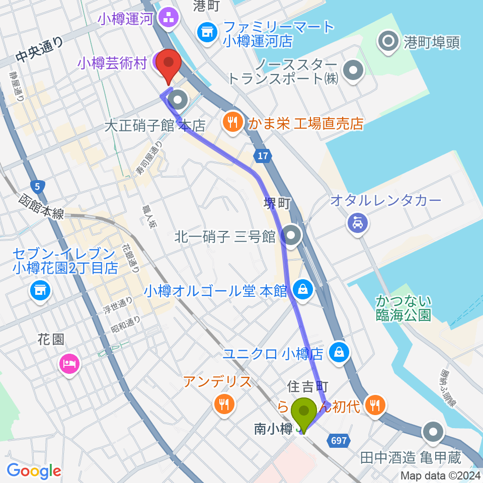 南小樽駅から小樽芸術村 似鳥美術館へのルートマップ地図