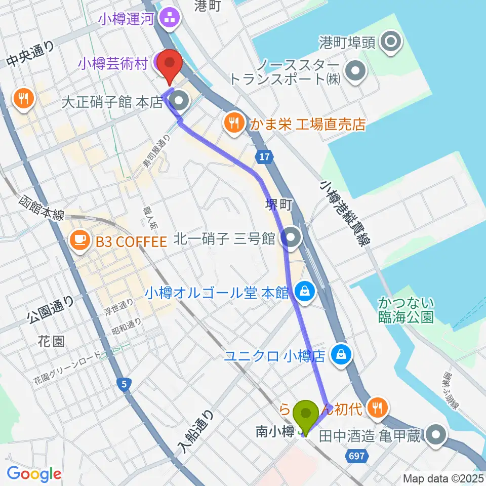 南小樽駅から小樽芸術村 似鳥美術館へのルートマップ地図