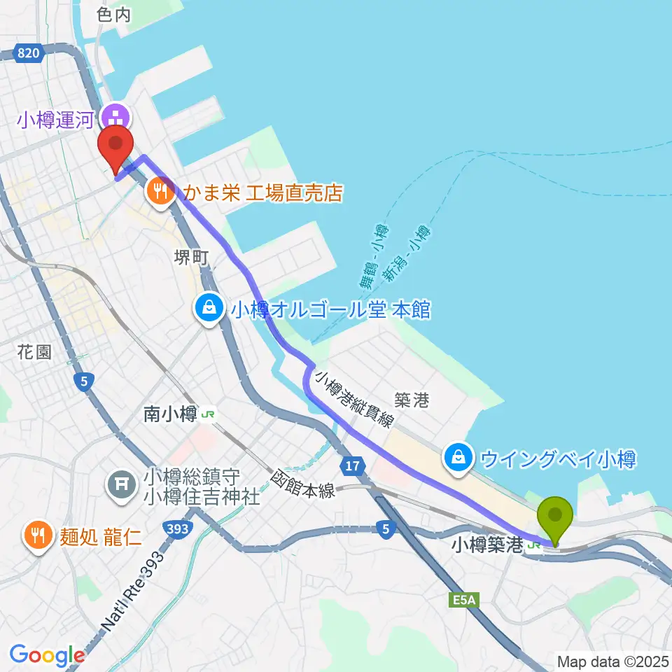 小樽築港駅から小樽芸術村 似鳥美術館へのルートマップ地図