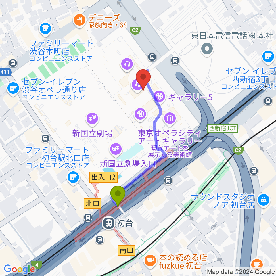 東京オペラシティアートギャラリーの最寄駅初台駅からの徒歩ルート（約3分）地図