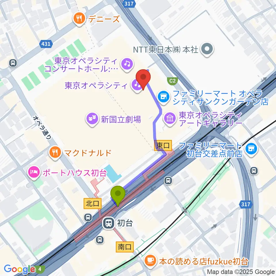 東京オペラシティアートギャラリーの最寄駅初台駅からの徒歩ルート（約3分）地図
