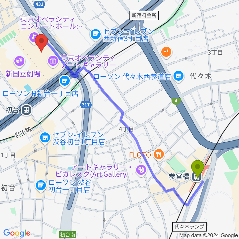 参宮橋駅から東京オペラシティアートギャラリーへのルートマップ地図