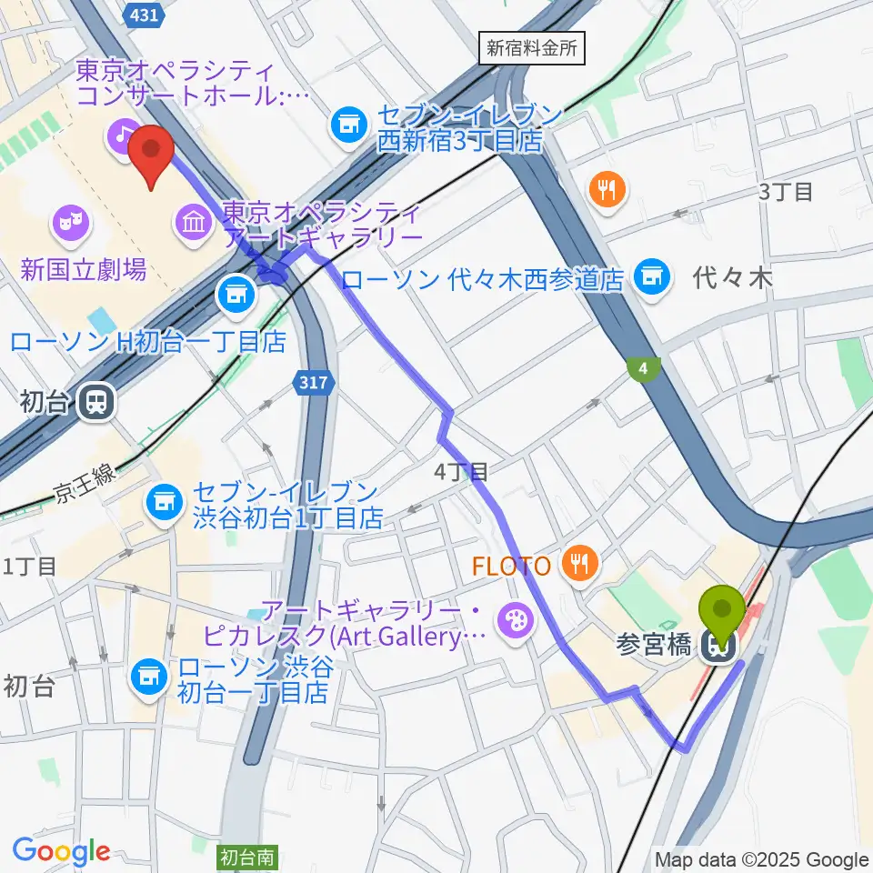 参宮橋駅から東京オペラシティアートギャラリーへのルートマップ地図