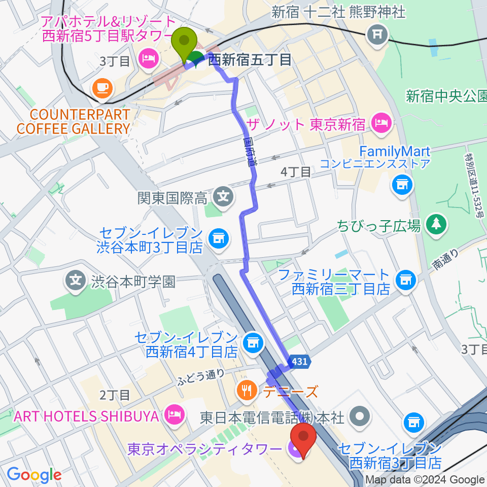 西新宿五丁目駅から東京オペラシティアートギャラリーへのルートマップ地図