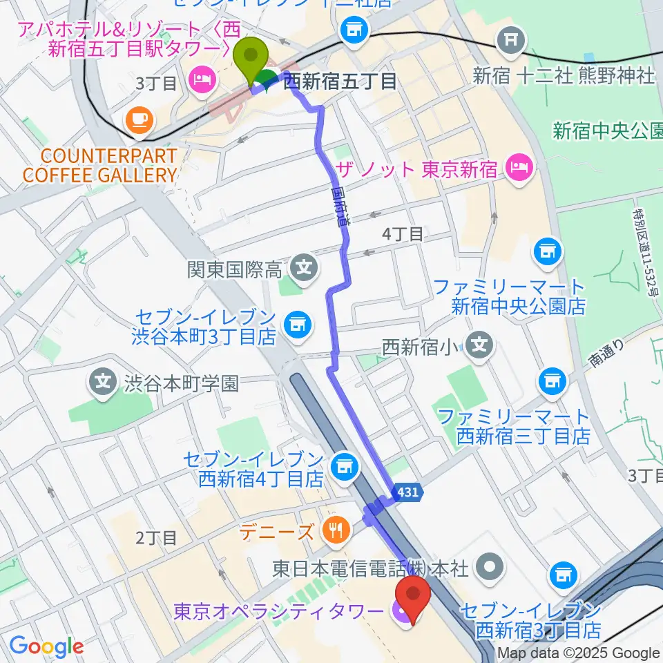 西新宿五丁目駅から東京オペラシティアートギャラリーへのルートマップ地図