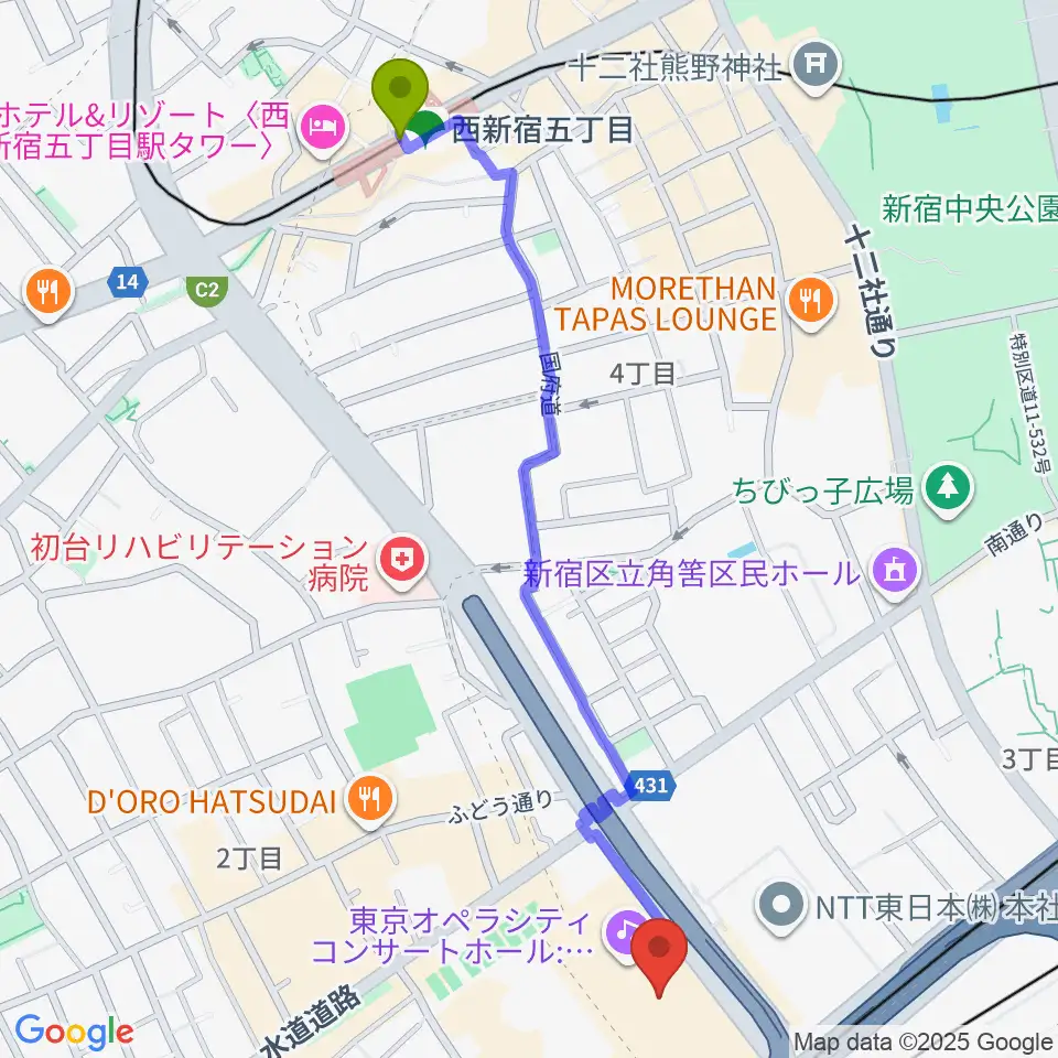 西新宿五丁目駅から東京オペラシティアートギャラリーへのルートマップ地図
