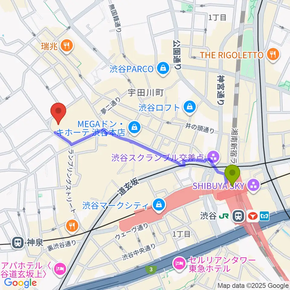 渋谷駅からBunkamuraザ・ミュージアムへのルートマップ地図