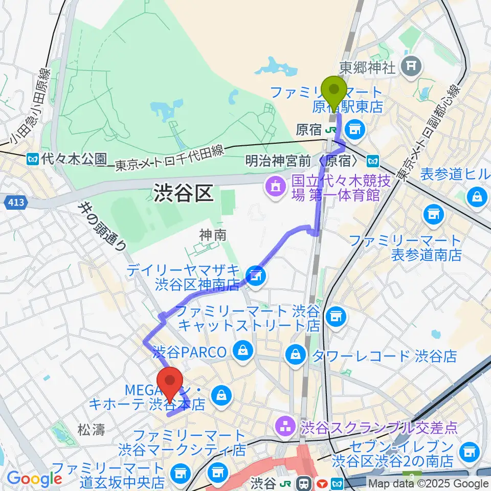 原宿駅からBunkamuraザ・ミュージアムへのルートマップ地図