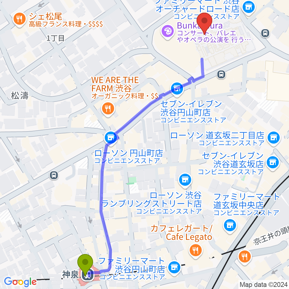 Bunkamuraザ・ミュージアムの最寄駅神泉駅からの徒歩ルート（約7分）地図