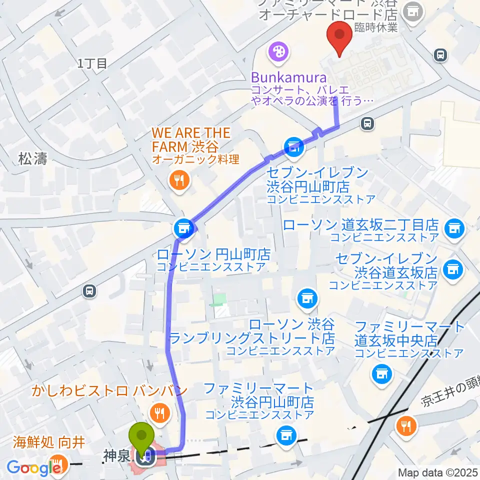 Bunkamuraザ・ミュージアムの最寄駅神泉駅からの徒歩ルート（約7分）地図